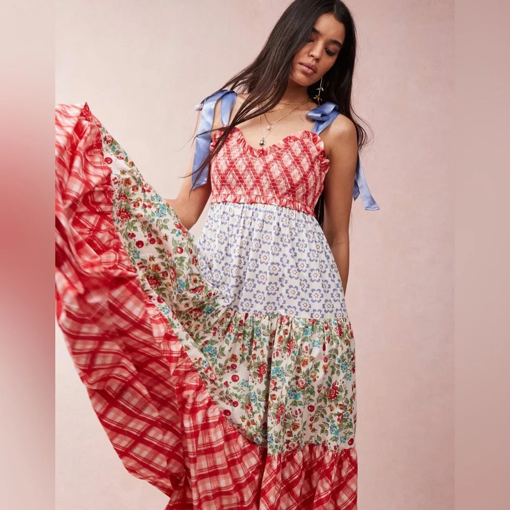 Free People Red, White and Blue Patchwork Tiered Maxi Dress